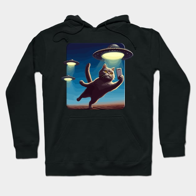 Cute Black Cat Making Selfie With UFOs Behind Hoodie by KromADesign